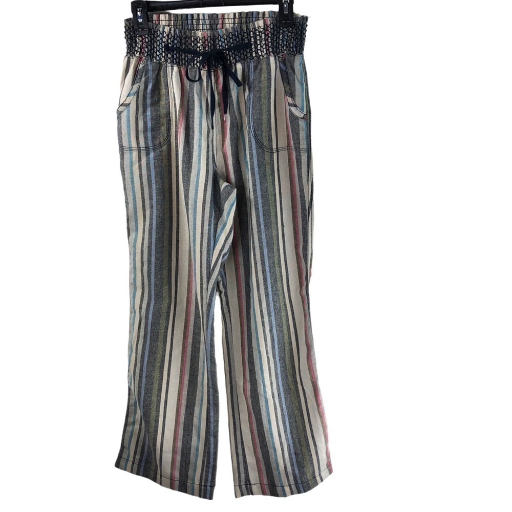 CI SONO Wide Leg Linen Pants Sz L Striped Casual Loose Lagenlook Vacation Travel
